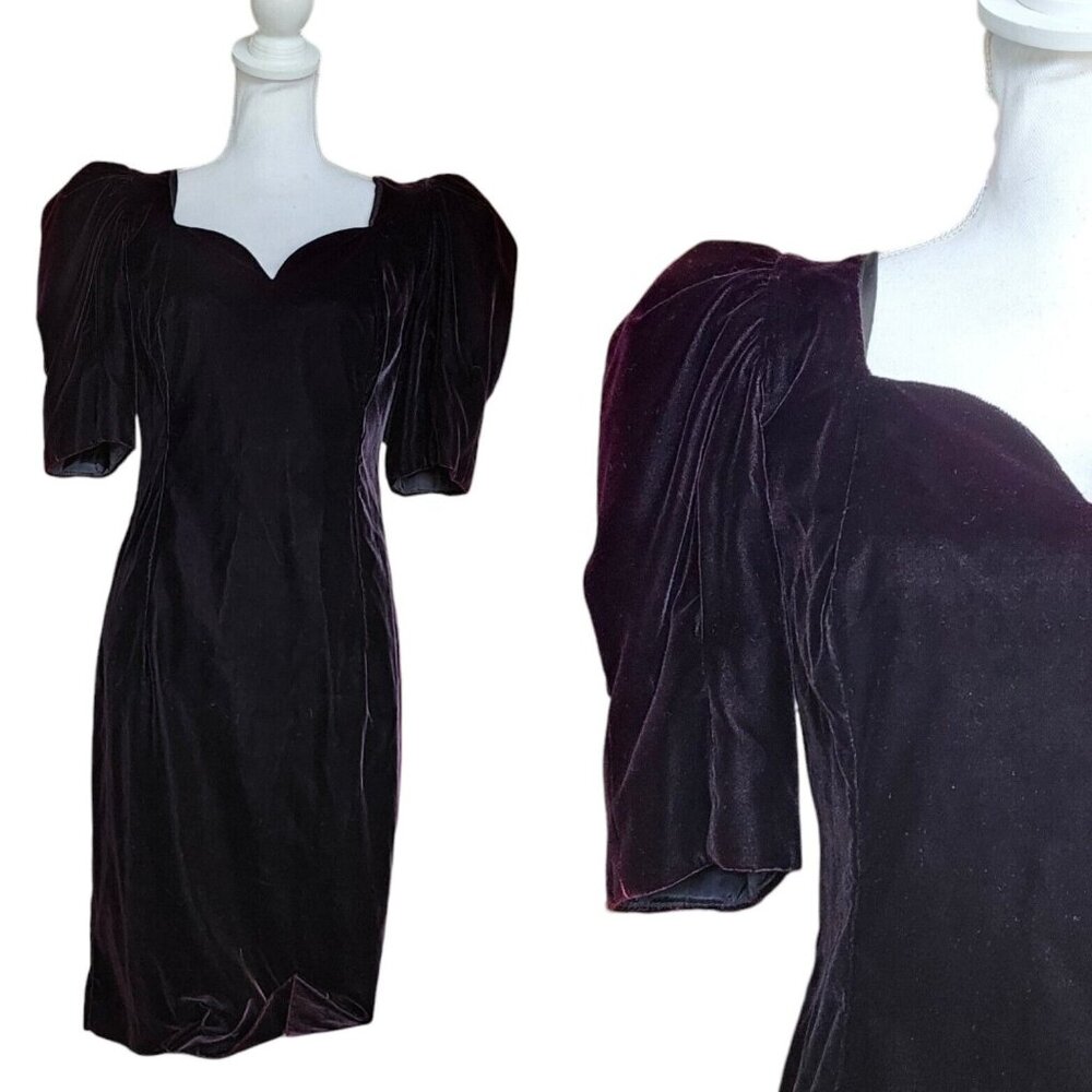Vintage 90s Cachet Womens Size 6 Black Red Velvet Cocktail Dress Puff Sleeve LBD